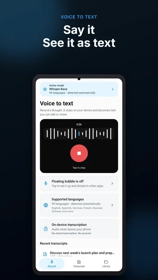 Экран записи Voice Scribe с локальной расшифровкой речи на Android